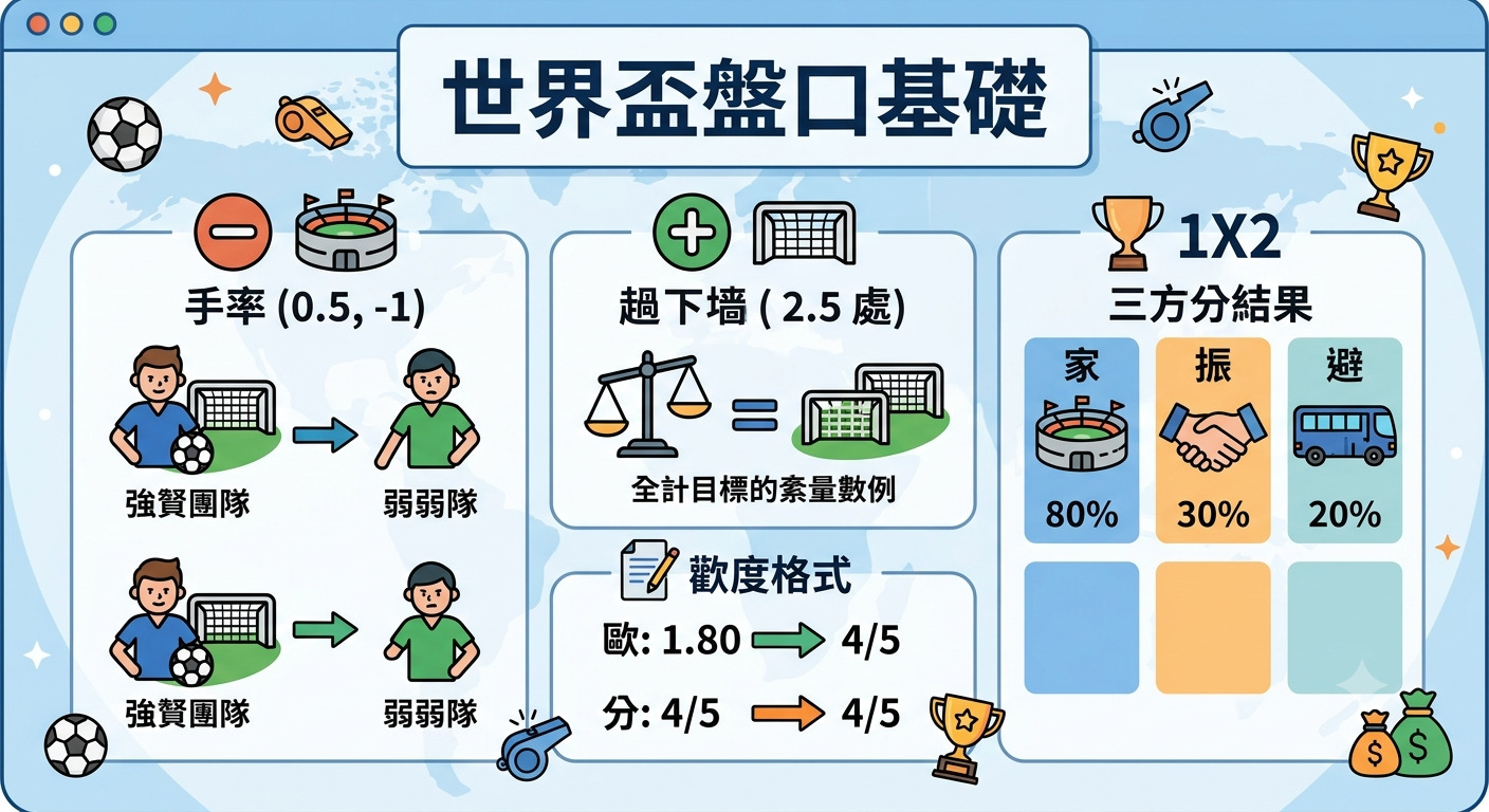 這是一張關於「世界盃盤口基礎」的教學圖表，以簡潔的圖標說明了讓分盤、大小盤與 1X2 三方分結果的概念。 版面設計清晰直觀，透過圖解方式呈現不同賠率格式及勝負預測的基礎邏輯。