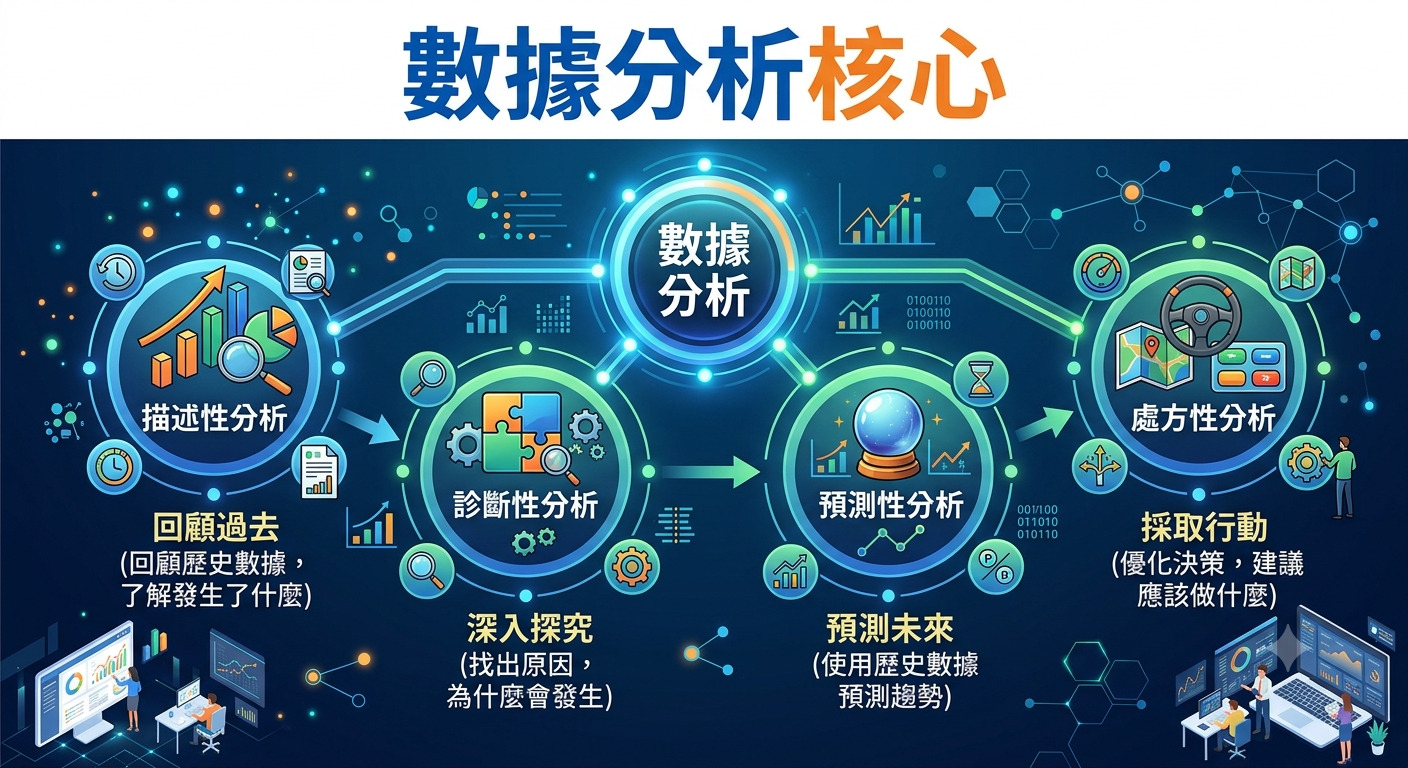 這張圖片展示了「數據分析核心」的四個層次，透過循環圖表呈現數據從描述、診斷、預測到處方分析的進化過程。 整體設計結合了科技感圖示與流程說明，清晰地描繪了如何利用數據分析來洞察過去、探究原因、預測未來並優化決策。