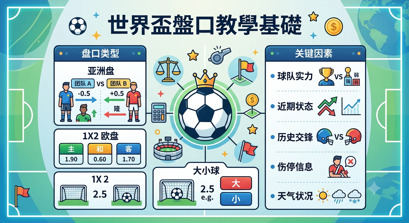 這是一張關於「世界盃盤口教學基礎」的資訊圖表，採用簡潔明亮的扁平化插圖風格。 圖中詳細解析了亞洲盤、歐盤及大小球等盤口類型，並列舉了影響比賽的關鍵分析因素。