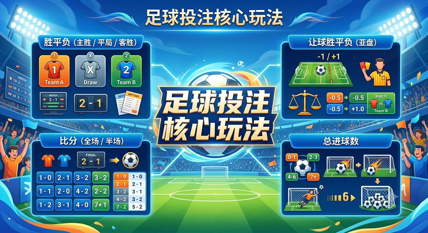這張圖片以足球場為背景，中央醒目地顯示了「足球投注核心玩法」的標題。 圖像四周規劃了四個區塊，分別詳解勝平負、讓球、比分及總進球數等主要投注方式。